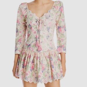 LoveShackFancy Women's Pink Floral Tie Front Lace Eyelet Mini Dress